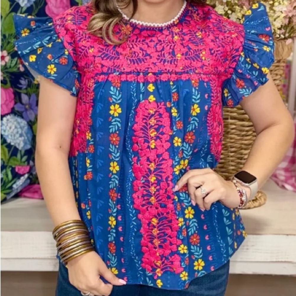 Embroidered Flutter Sleeve Top in Blue & Pink